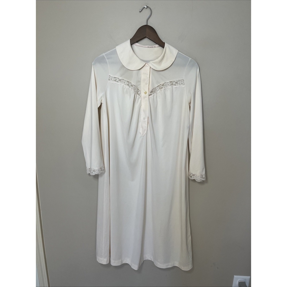 VTG Shadowline Nightgown‎ Cream/Pink Peter Pan Collar Lace Trim Long Sleeve 60s